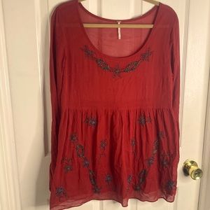 Free People Vermilion (red/orange) Beaded Floral Tunic Size S 100% Cotton Sheer